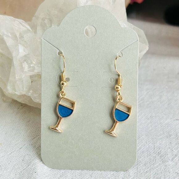 3/$15 Yellow Gold Blue Enamel Wineglass Dangle Earrings - Picture 4 of 4